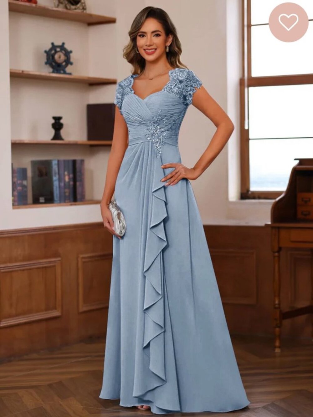 Elegant Light Blue Lace-Shoulder Evening Dress